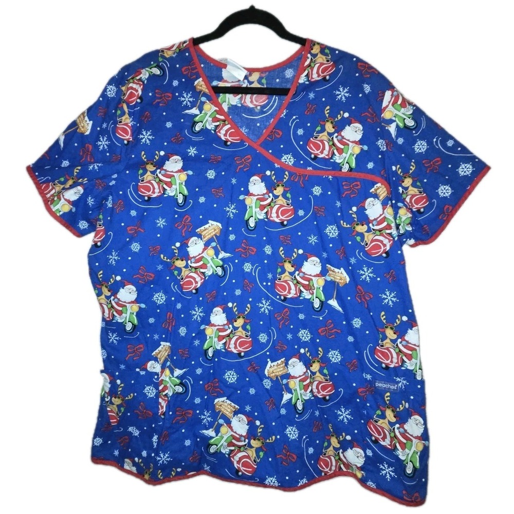 Peaches Womens 3XL Scrubs Top Blue Christmas Santa Motorcycle Print Medical Vet
